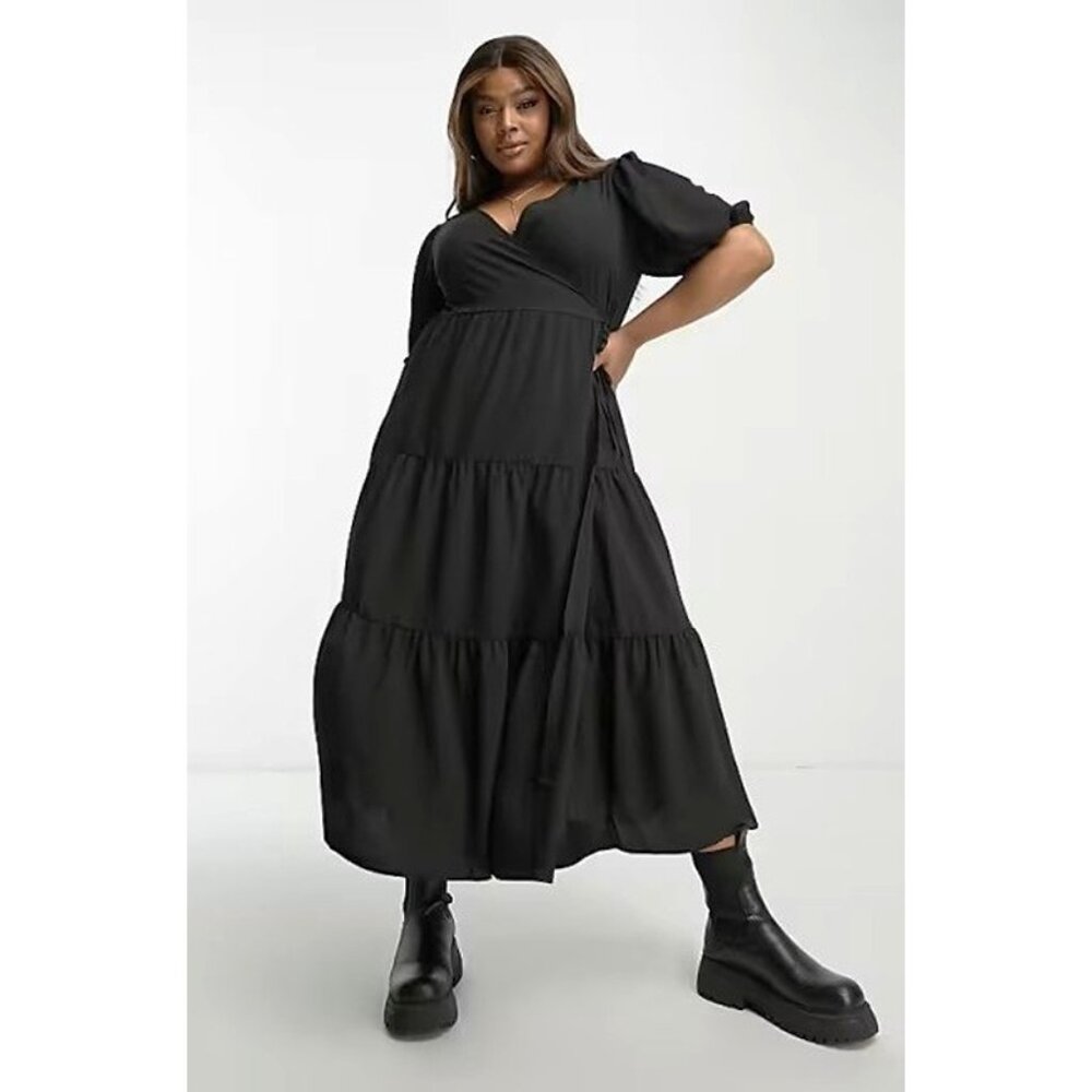 ASOS DESIGN Curve Wrap-Front Tiered Smock Midaxi Dress in Black - Size 18
